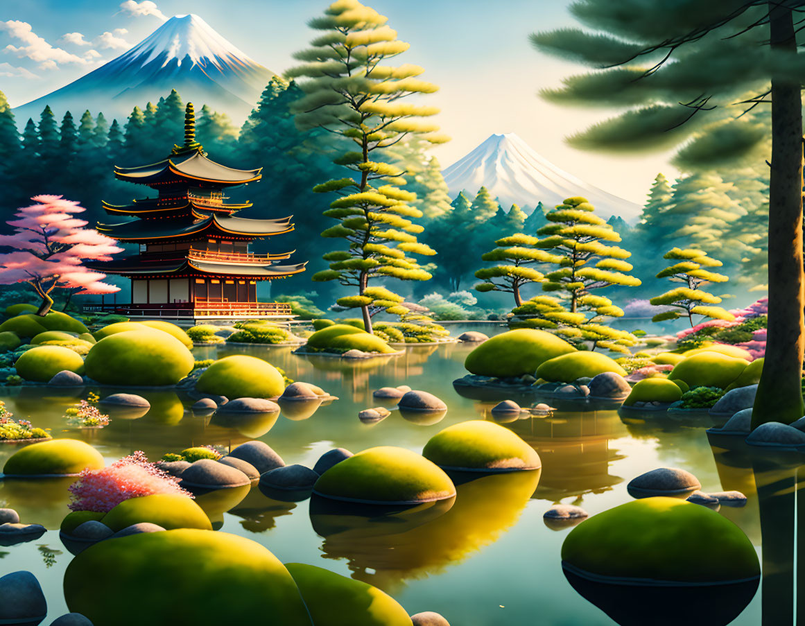 Japanese landscape with pagoda, cherry blossoms, pine trees, river, and Mt. Fuji.