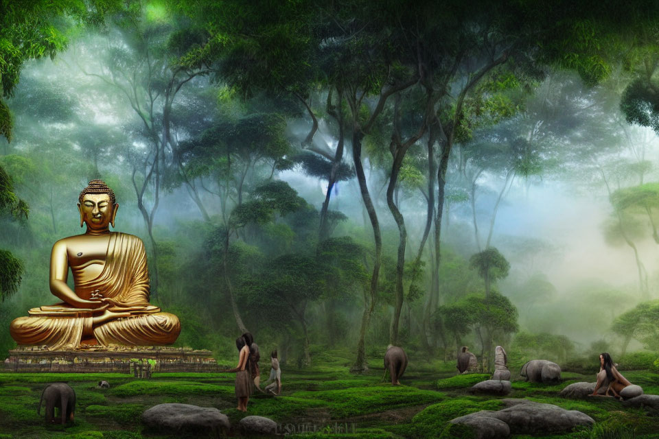 Large Buddha statue in lush forest with elephants and stone sculptures