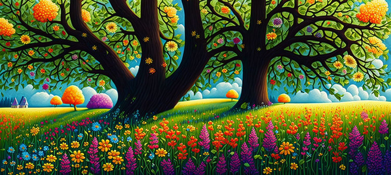 Colorful painting of blossoming trees in flowery field with hills and sky.