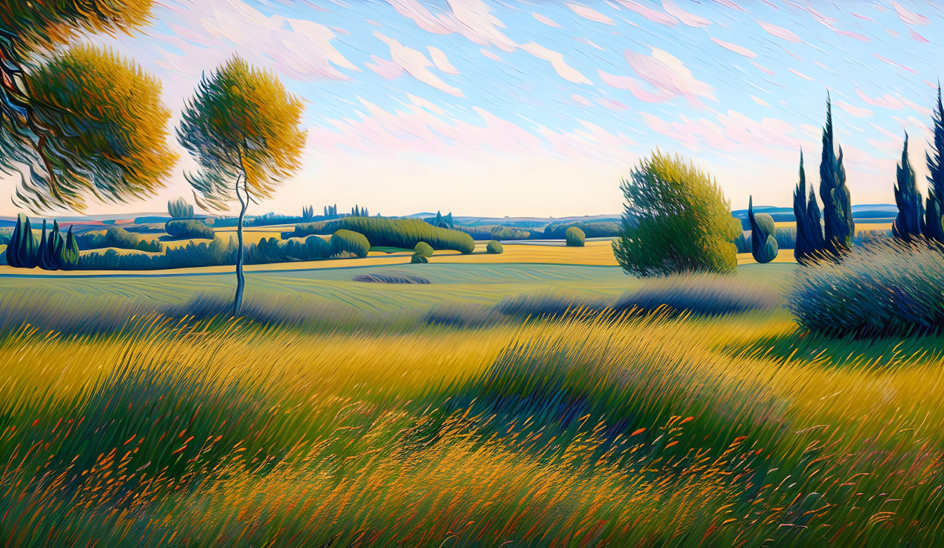 Vibrant sky and rolling fields in expressive brush strokes