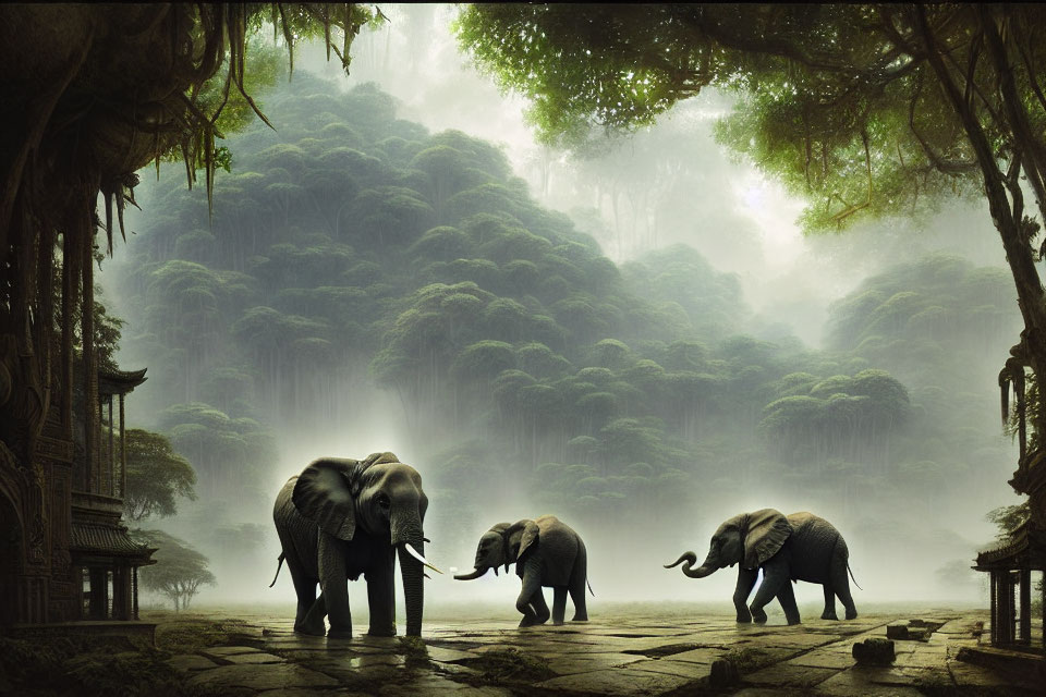 Tranquil forest setting with adult elephant and calves near Asian-style pavilions