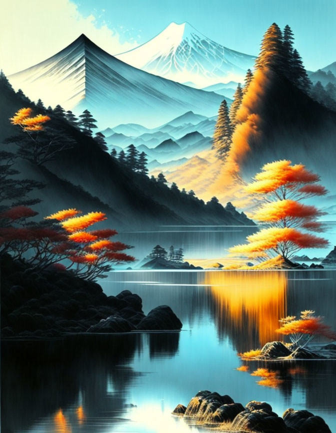 Tranquil autumn landscape with reflective lake, layered hills, and snow-capped mountain