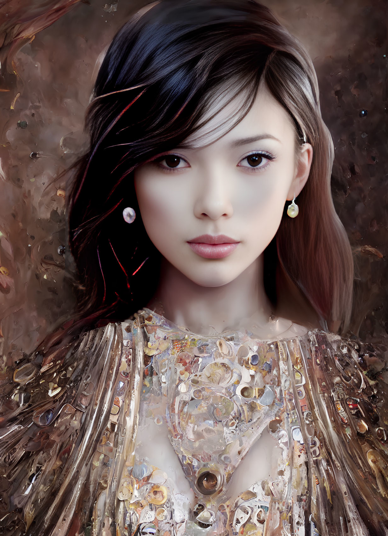 Portrait of Woman in Golden Embellished Dress on Warm Textured Background