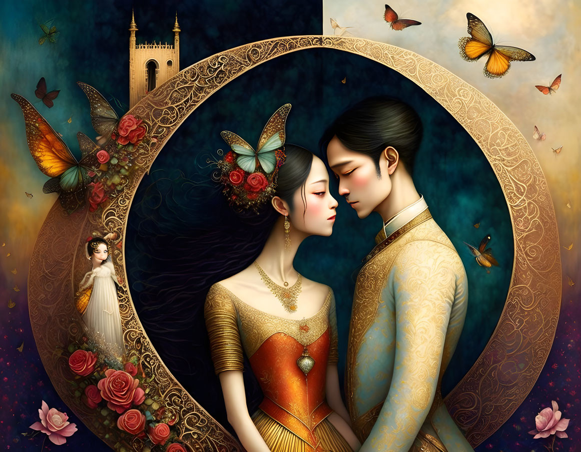 Digital illustration: Couple in traditional attire touching foreheads in circular frame with floral motifs, castle, and