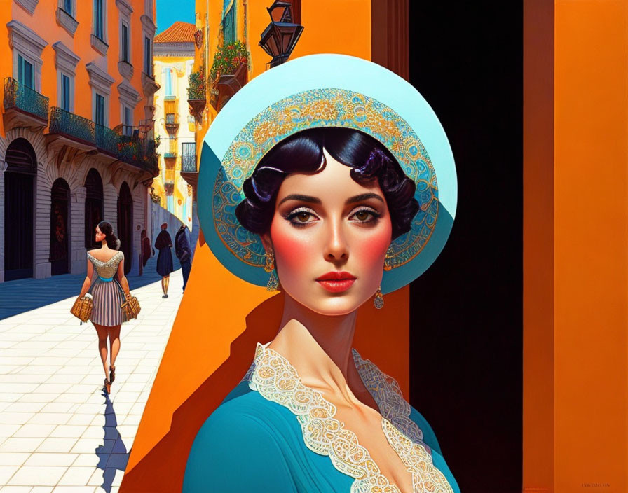 Stylized illustration of a woman in blue hat and outfit surrounded by sunlit orange buildings