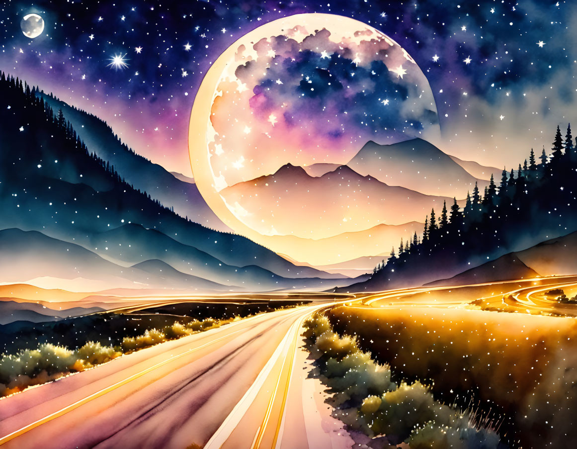 Night landscape with large moon, stars, mountains, and winding road.