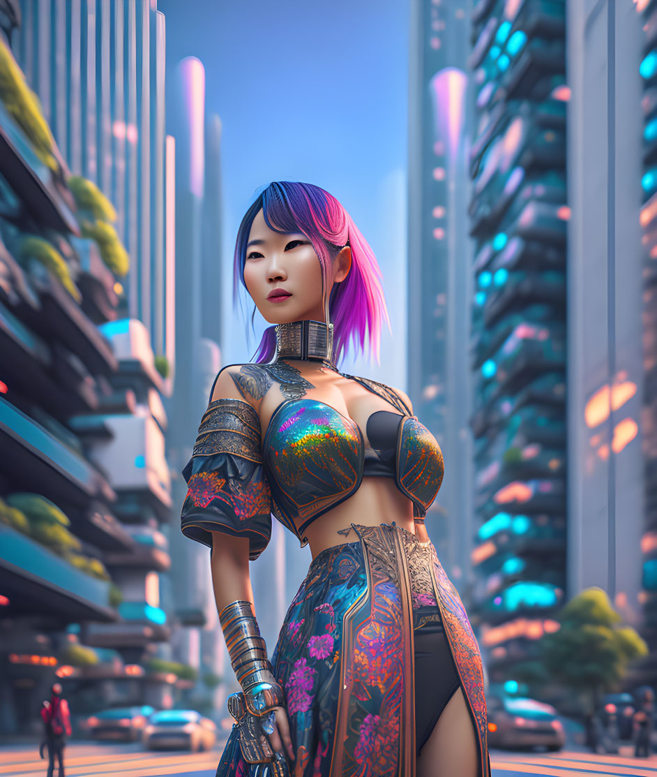 Multicolored hair female character in futuristic cityscape