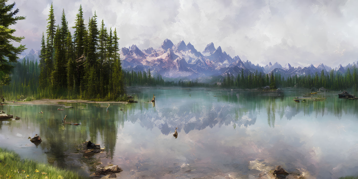 Tranquil landscape with reflective lake, pine trees, and mountains under cloudy sky