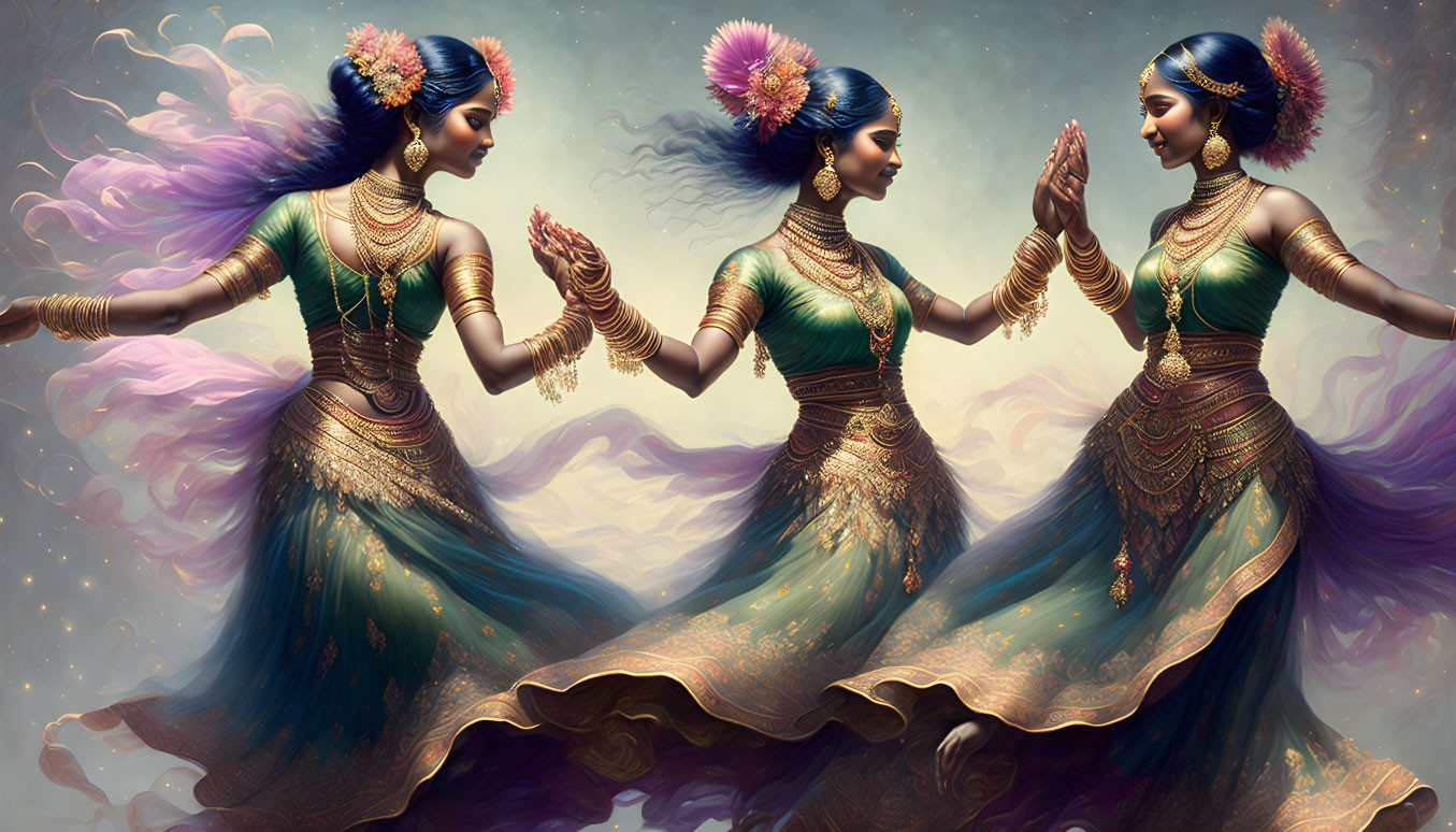 Traditional Indian Attire: Three Women Dancing in Harmony