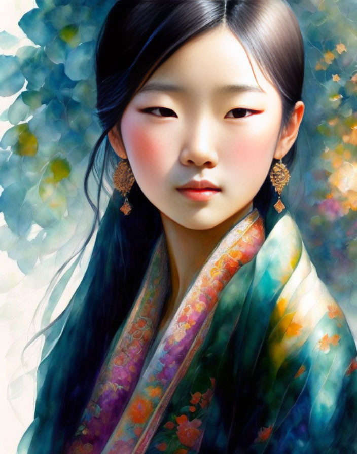 Digital painting: Young Asian woman in traditional attire with rosy cheeks and golden earrings against blurry flora.