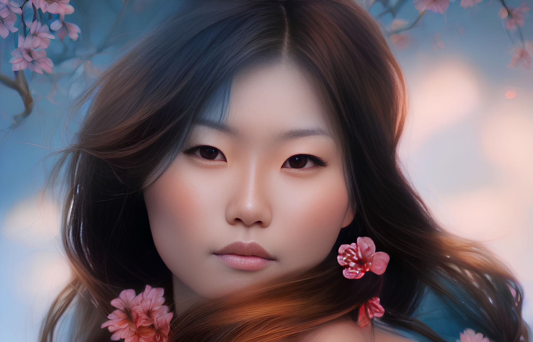 Portrait of Woman with Dark Hair and Cherry Blossoms in Soft-focus Background