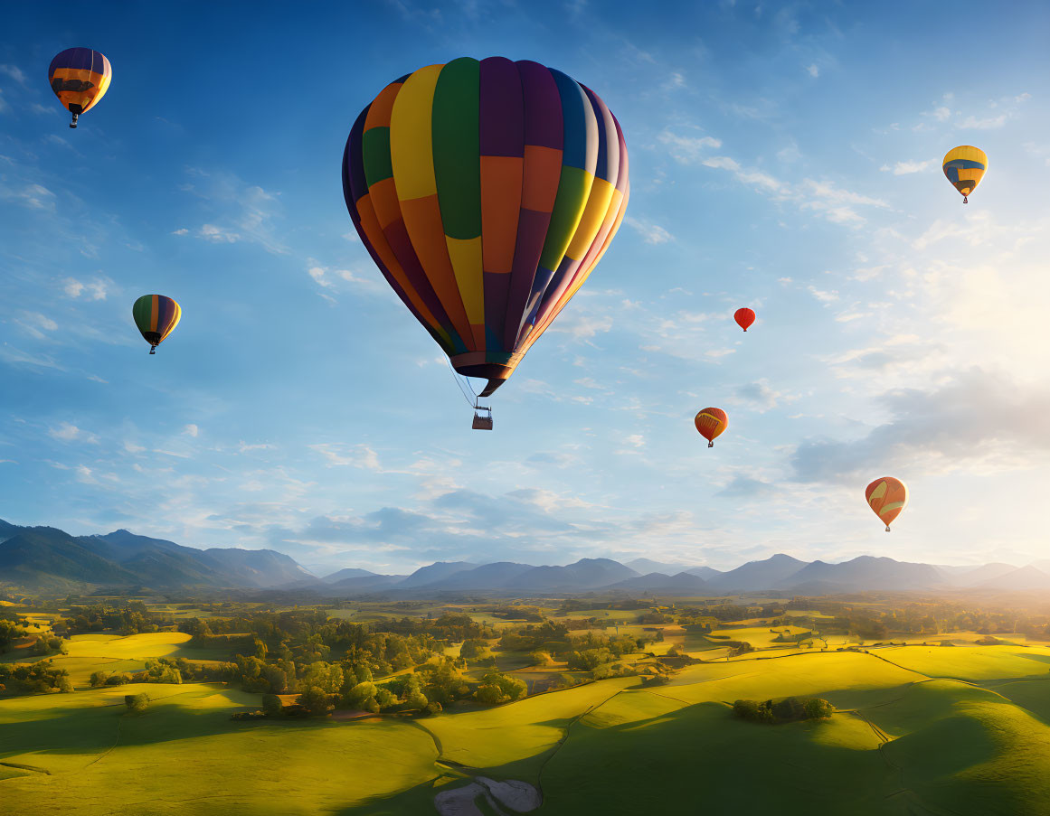 Vibrant hot air balloons over green fields and blue sky