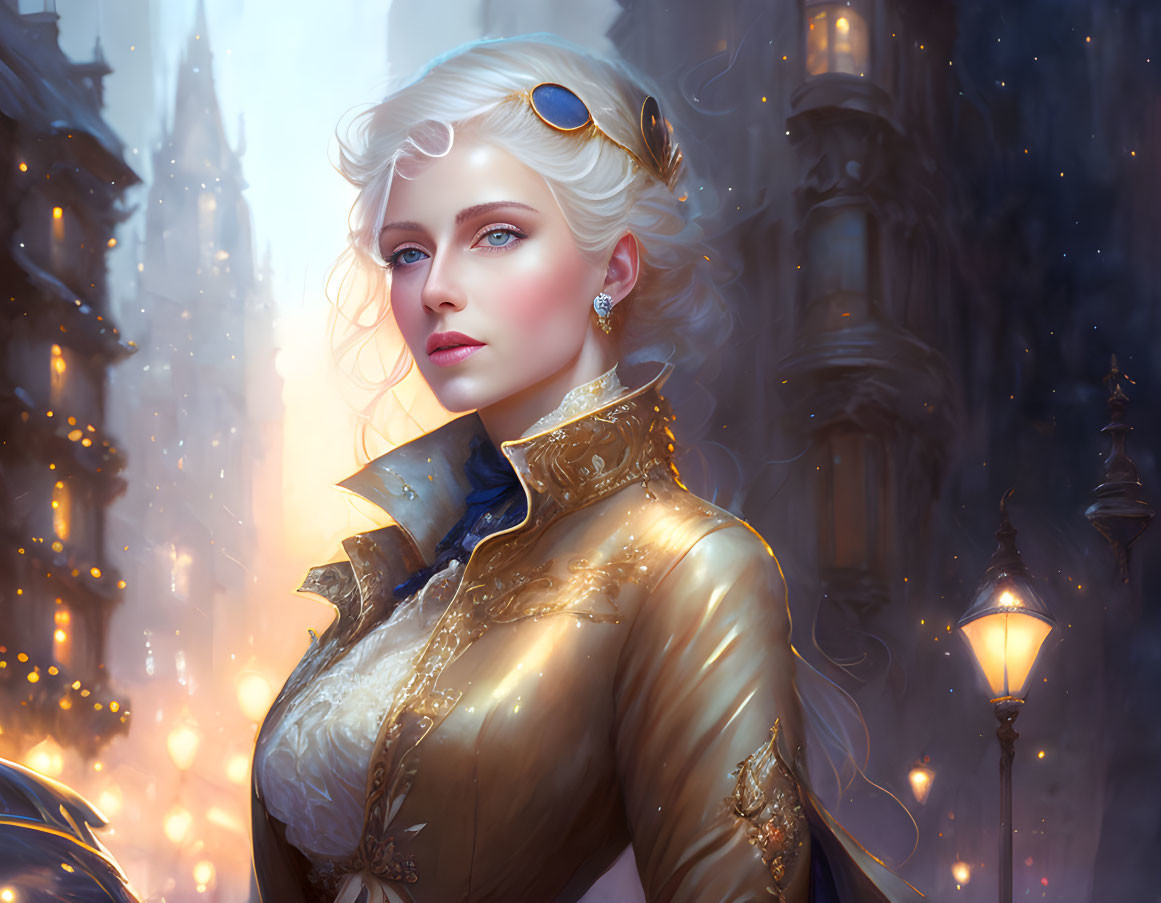 White-Haired Noblewoman in Golden Victorian Dress with Cityscape Background