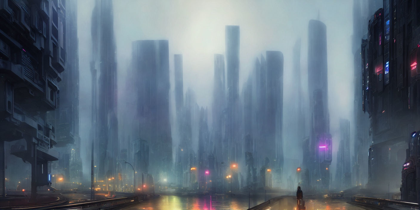 Figure on misty futuristic city bridge with skyscrapers & neon signs