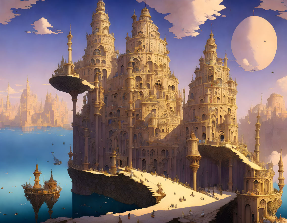 Fantastical cityscape with towering spires and flying ships at dusk