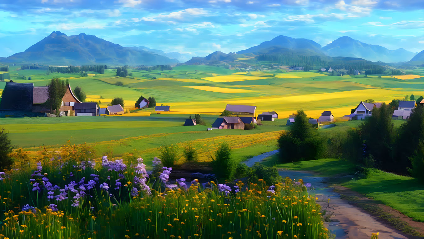 Picturesque rural landscape with blooming fields, winding path, and charming houses under clear blue sky.