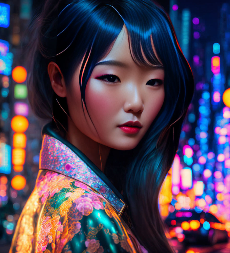 Asian Woman Portrait in Colorful Attire Against Neon Cityscape