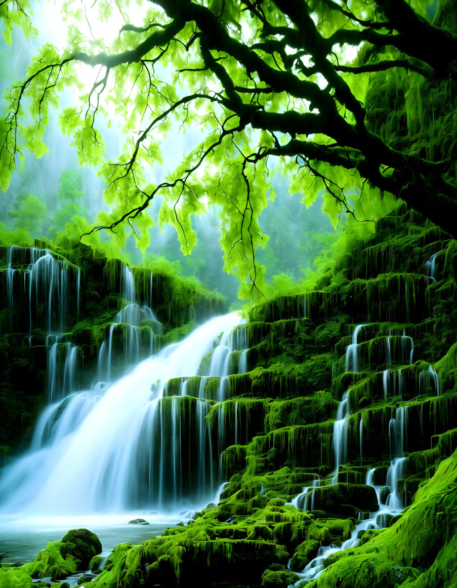 Tranquil waterfall in lush forest setting