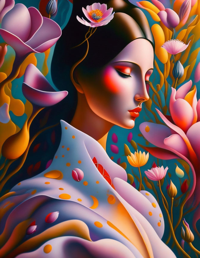 Colorful Stylized Portrait of Woman with Pink and Blue Flowers