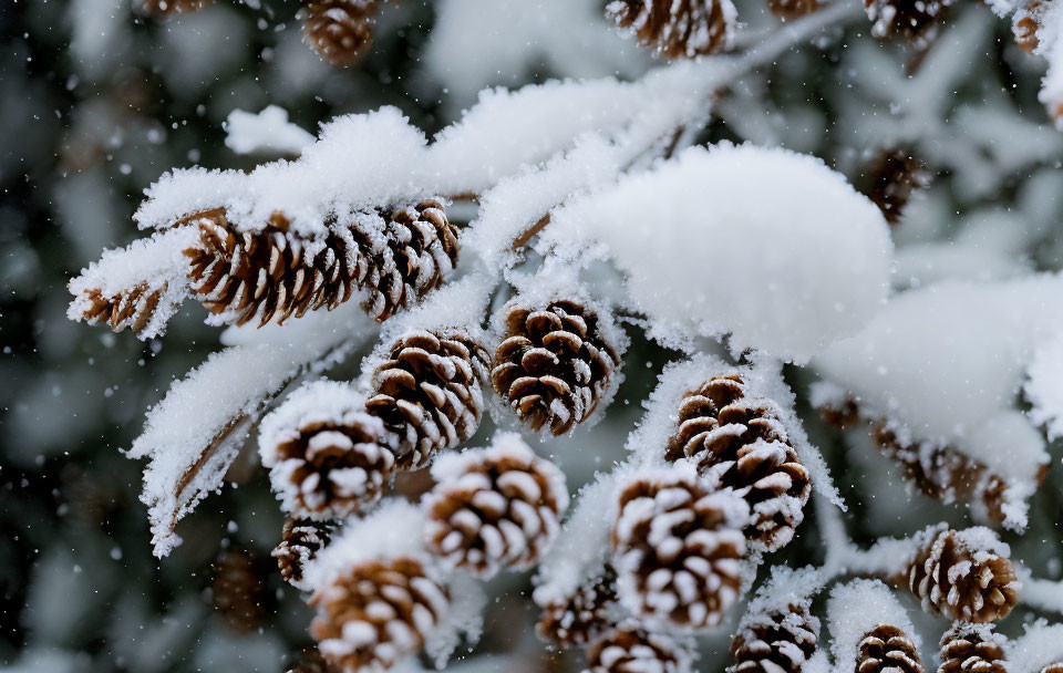 Snow-covered pine cones in gentle snowfall.