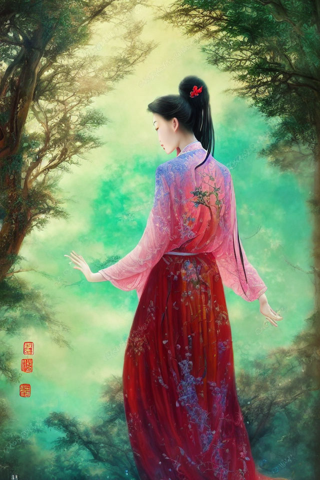 Traditional Asian attire woman strolls in mystical forest