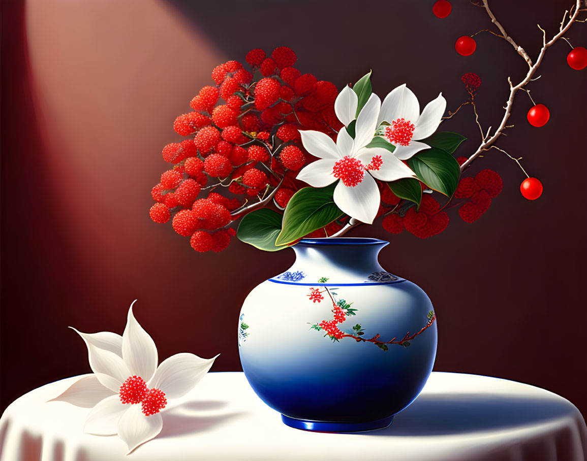 Blue and White Vase with Red Berries and Flowers on Draped Table