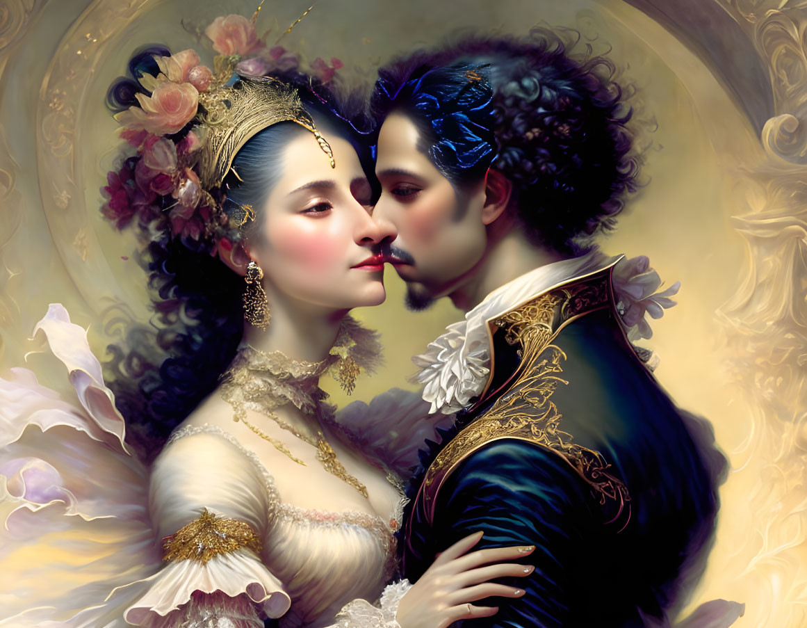 Historical attire couple with man kissing woman's forehead on golden background