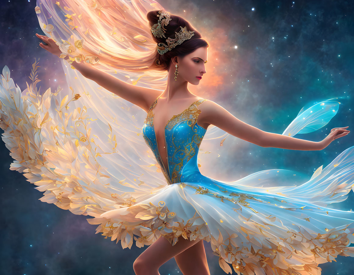 Golden-winged figure in blue and gold dress dancing among stars