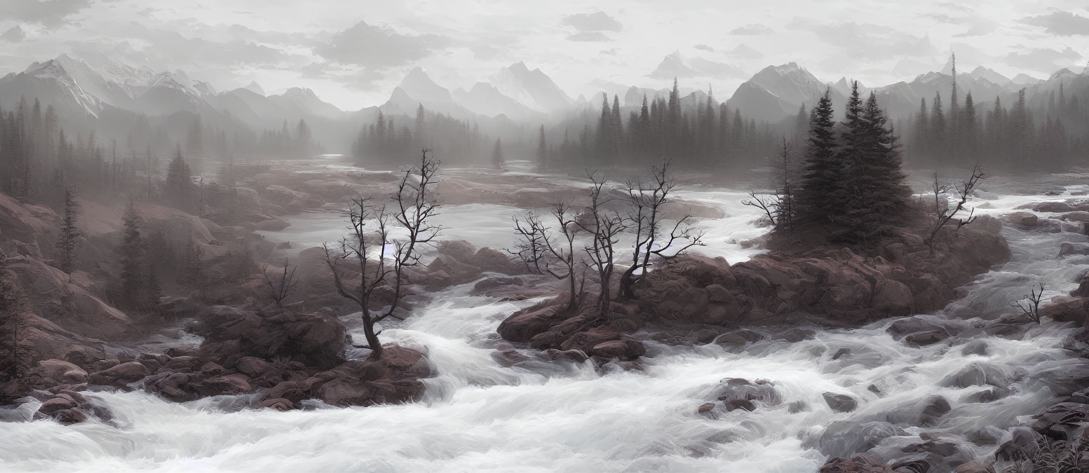 Scenic river landscape with rocky terrain, trees, and misty mountains.