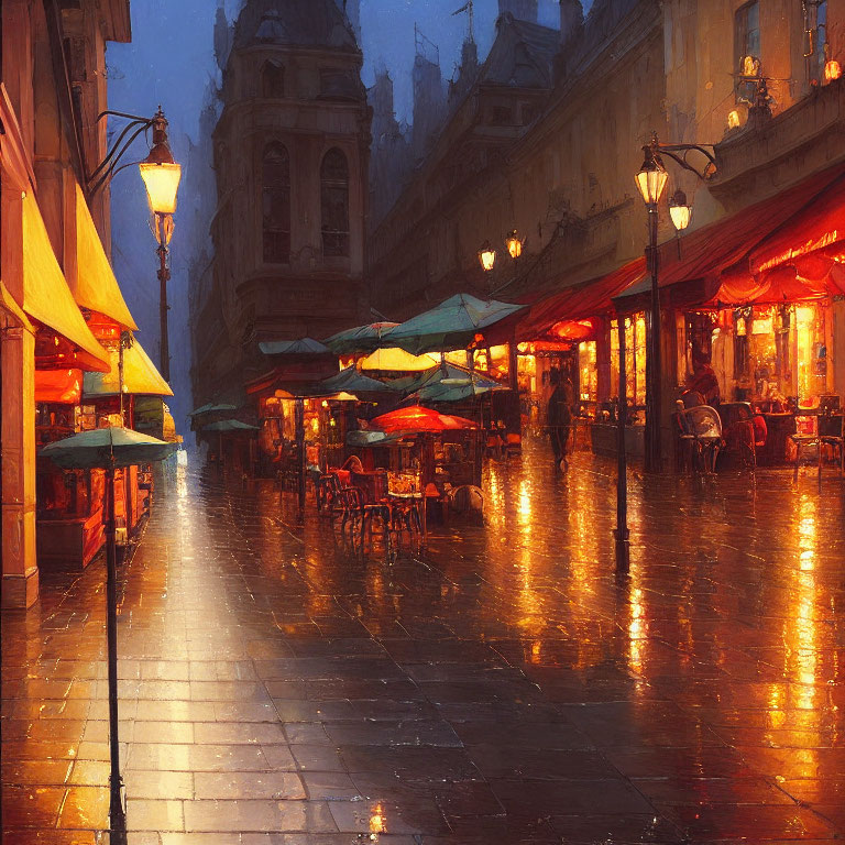 Dusk scene: Rain-soaked street with lit lamps and outdoor café umbrellas