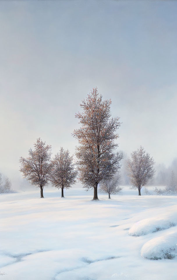 Foggy winter landscape with autumn trees in snow