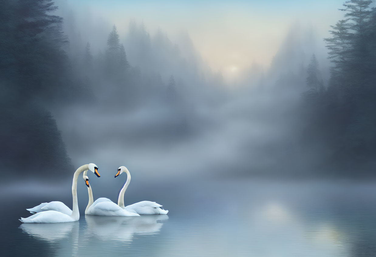 Misty Lake Scene: Swans, Trees, Dawn Glow