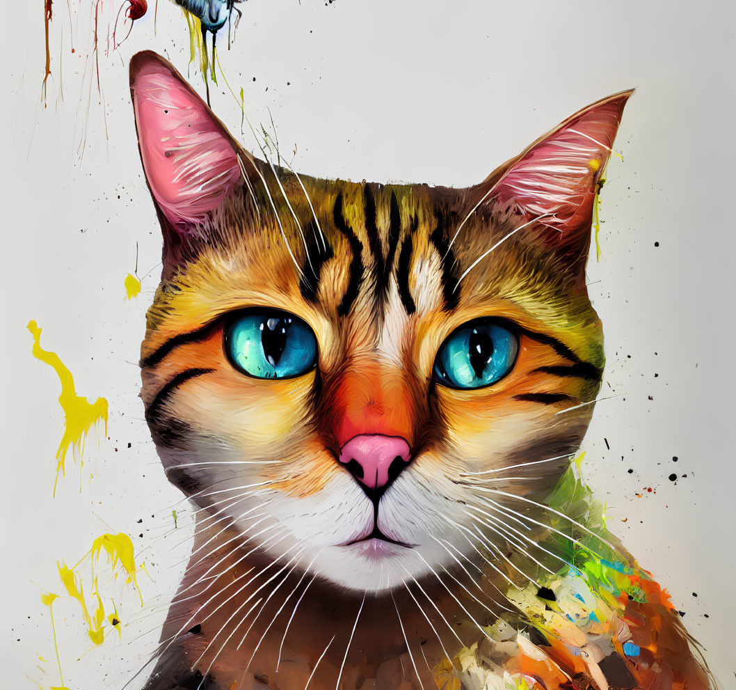 Vibrant Cat Portrait with Blue Eyes on White Background