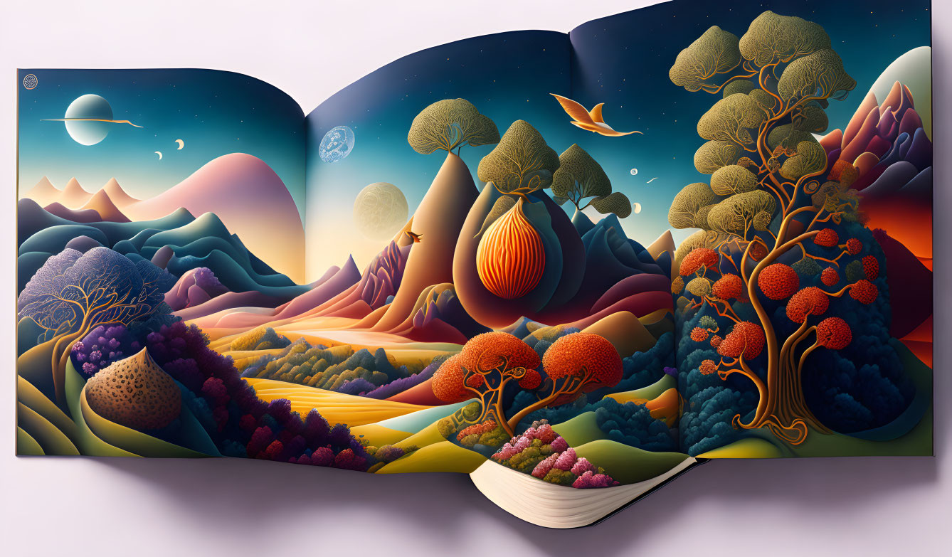 Colorful Stylized Illustration of Fantastical Landscape from Open Book