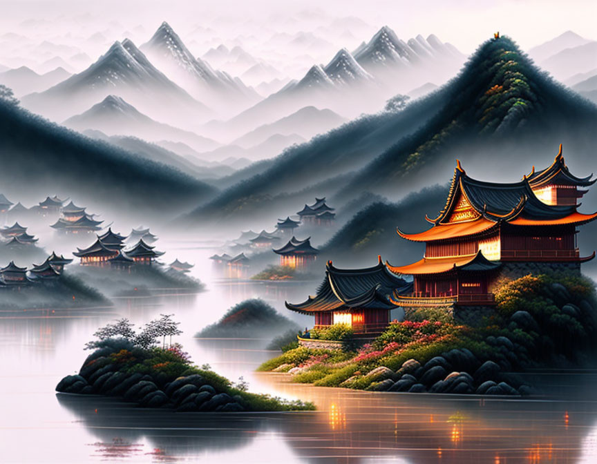 Ornate Asian-style Buildings by Tranquil Lake at Dusk