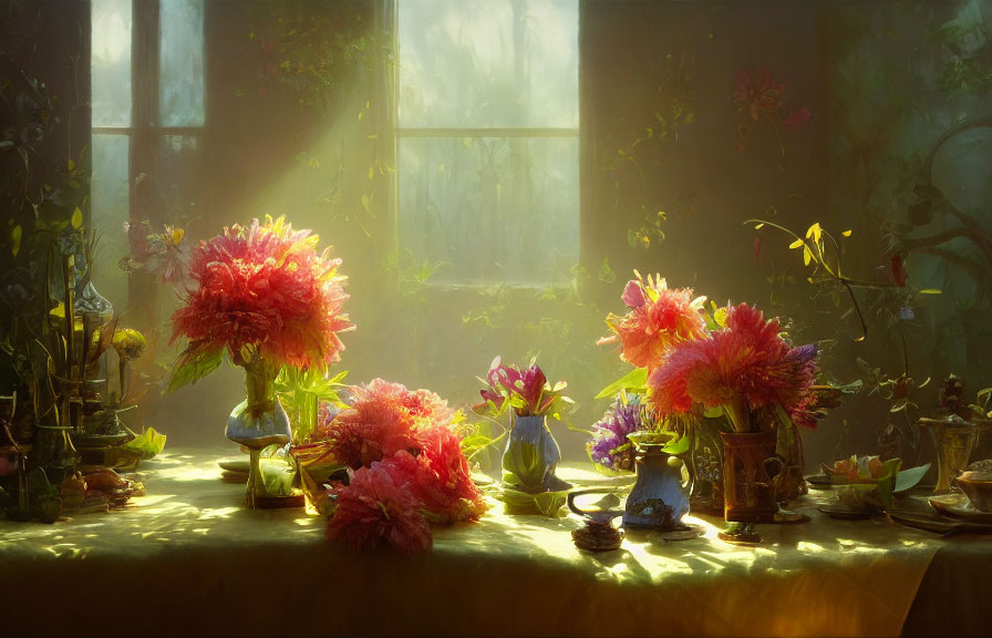 Bright sunlight illuminates vibrant flowers on a table, creating a serene atmosphere