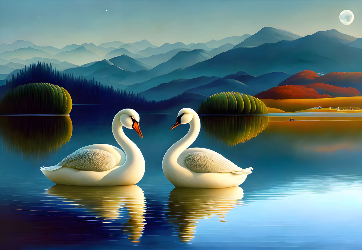 Swans on tranquil lake at sunset with mountains and crescent moon