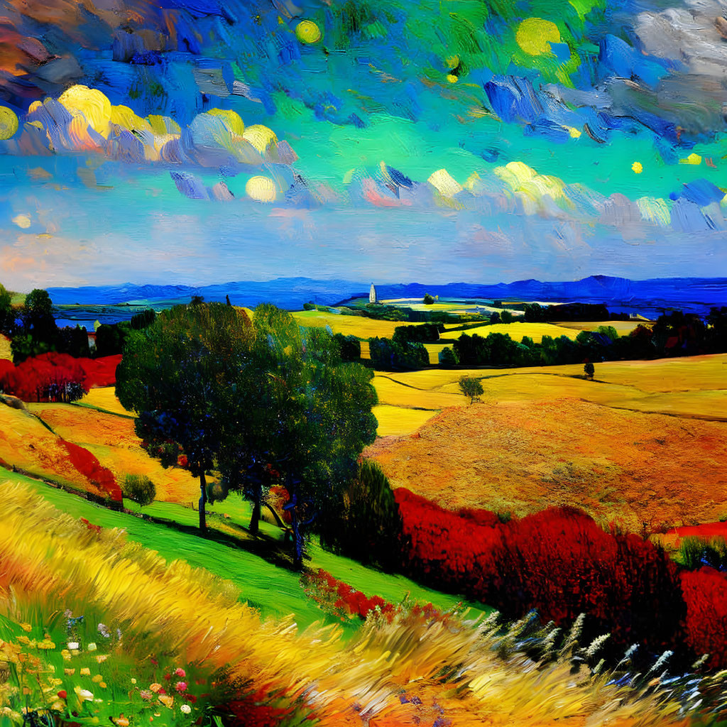 Impressionistic landscape painting with bold brushstrokes depicting lush tree and colorful sky