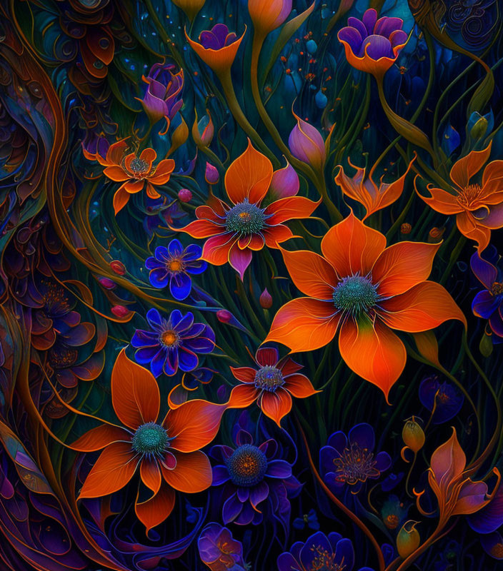 Colorful Stylized Flowers in Orange, Blue, and Purple on Dark Background