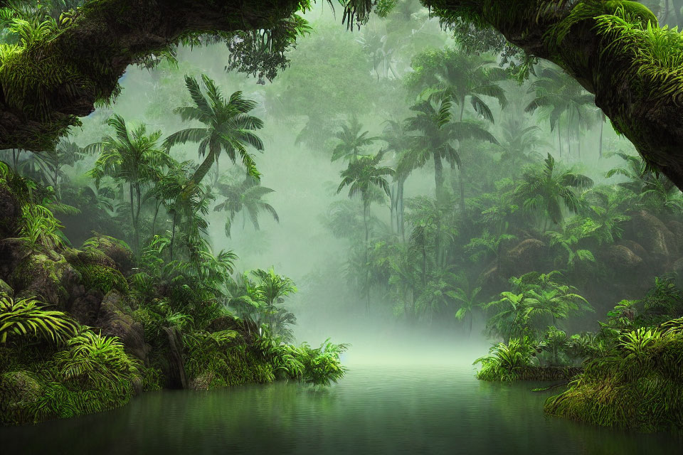 Lush Greenery and Calm River in Misty Rainforest