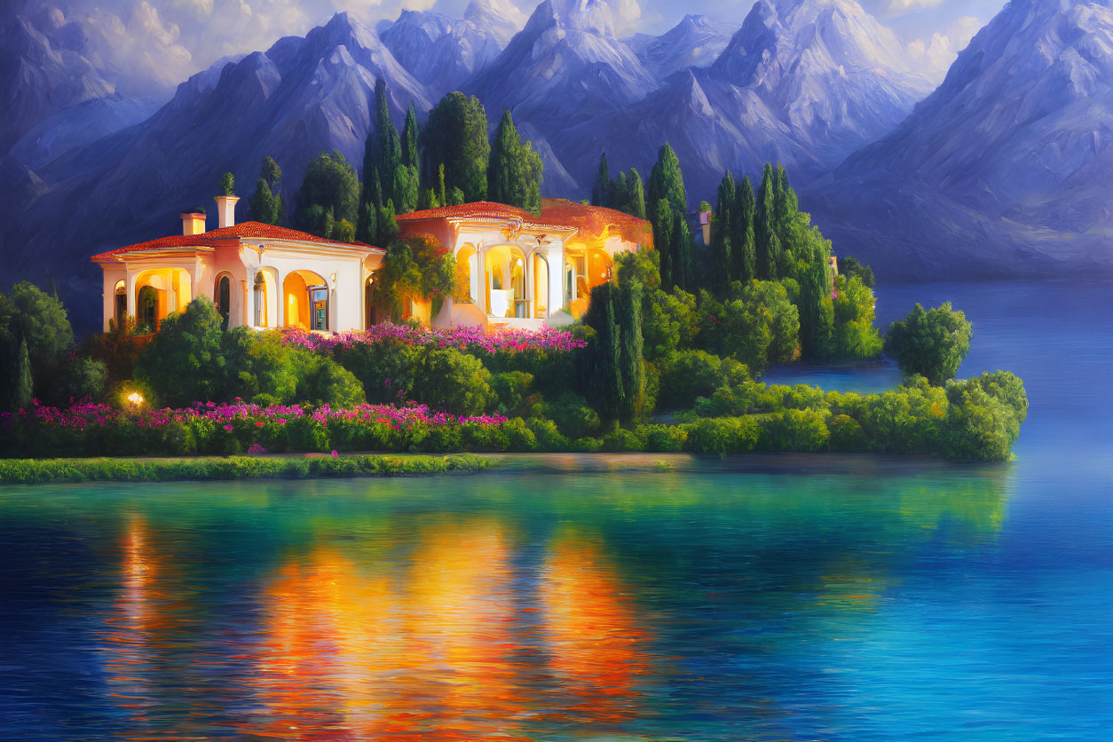 Scenic painting of elegant villa by tranquil lake at sunset