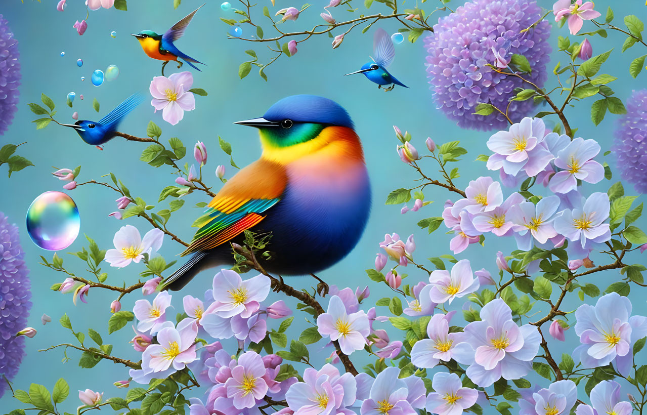 Colorful Bird and Flowers Digital Artwork with Bubbles on Blue Background