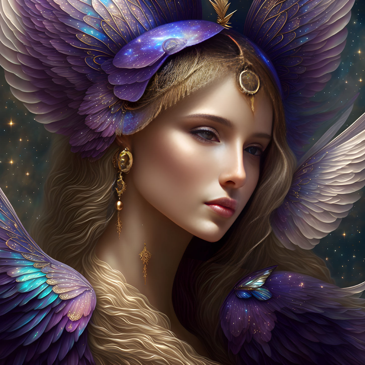 Ethereal woman with feathered wings and starry headdress in cosmic setting