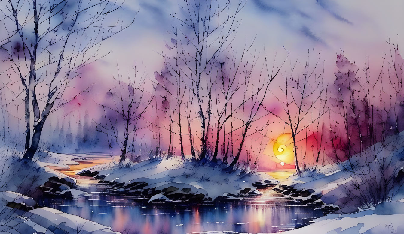 Winter Sunset Watercolor Painting with Stream and Snow-covered Landscape