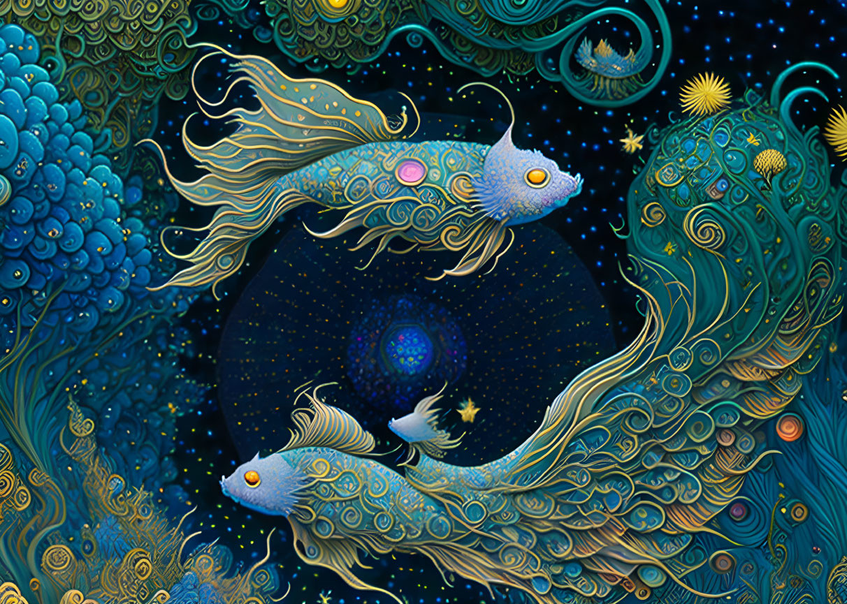 Colorful fish with intricate patterns in cosmic sea among stars.