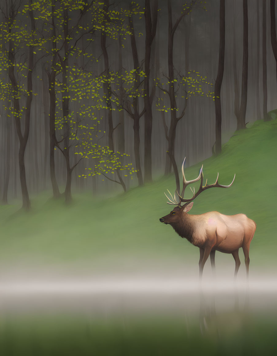 Majestic elk in misty forest with sparse leaves creates serene atmosphere