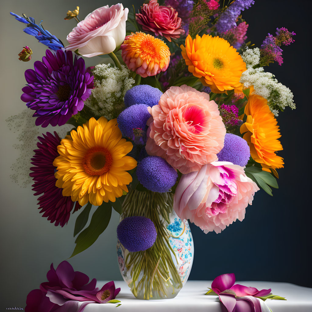 Colorful Mixed Flowers in Porcelain Vase on Muted Background