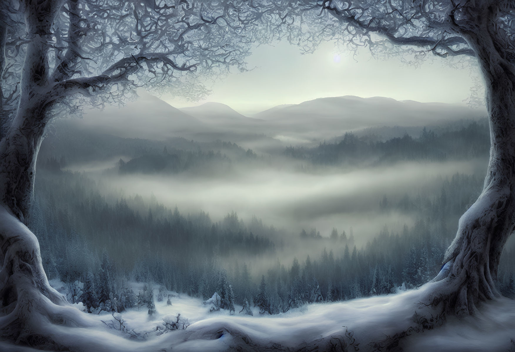 Snow-covered trees and misty hills in serene winter landscape