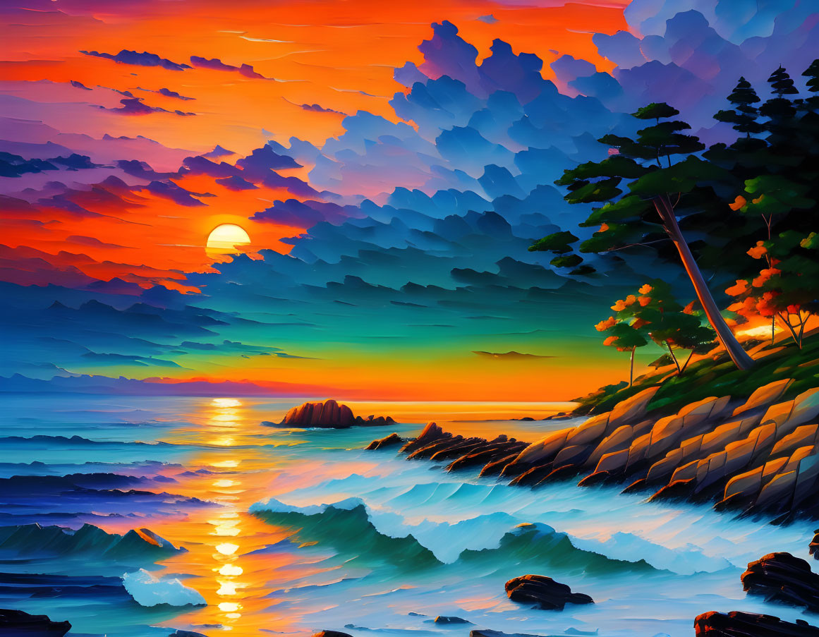 Colorful sunset digital artwork of rocky seaside with reflections in water