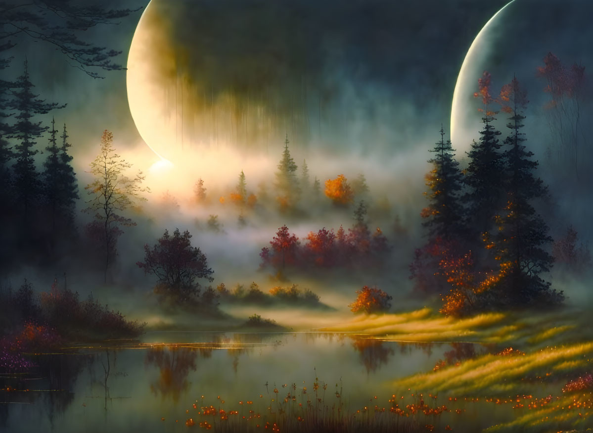 Fantasy landscape: Two moons, misty forests, reflective lake, glowing flora